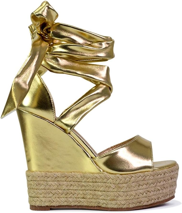 ESSEX GLAMWomens Lace up Wedges Ladies High Heel Platform Strappy Espadrille Open Toe Sandal Shoes Size 3-8