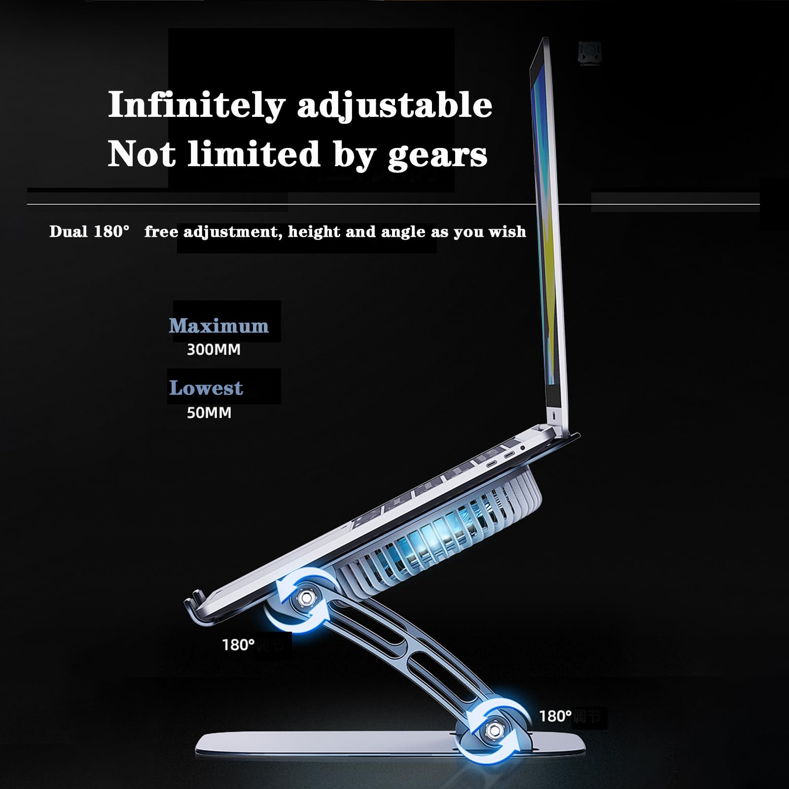 BNEI Supporto per computer portatile, girevole a 360°, ventola di raffreddamento a 180°, altezza regolabile da 5 a 30 cm, laptop fino a 16' (grigio)