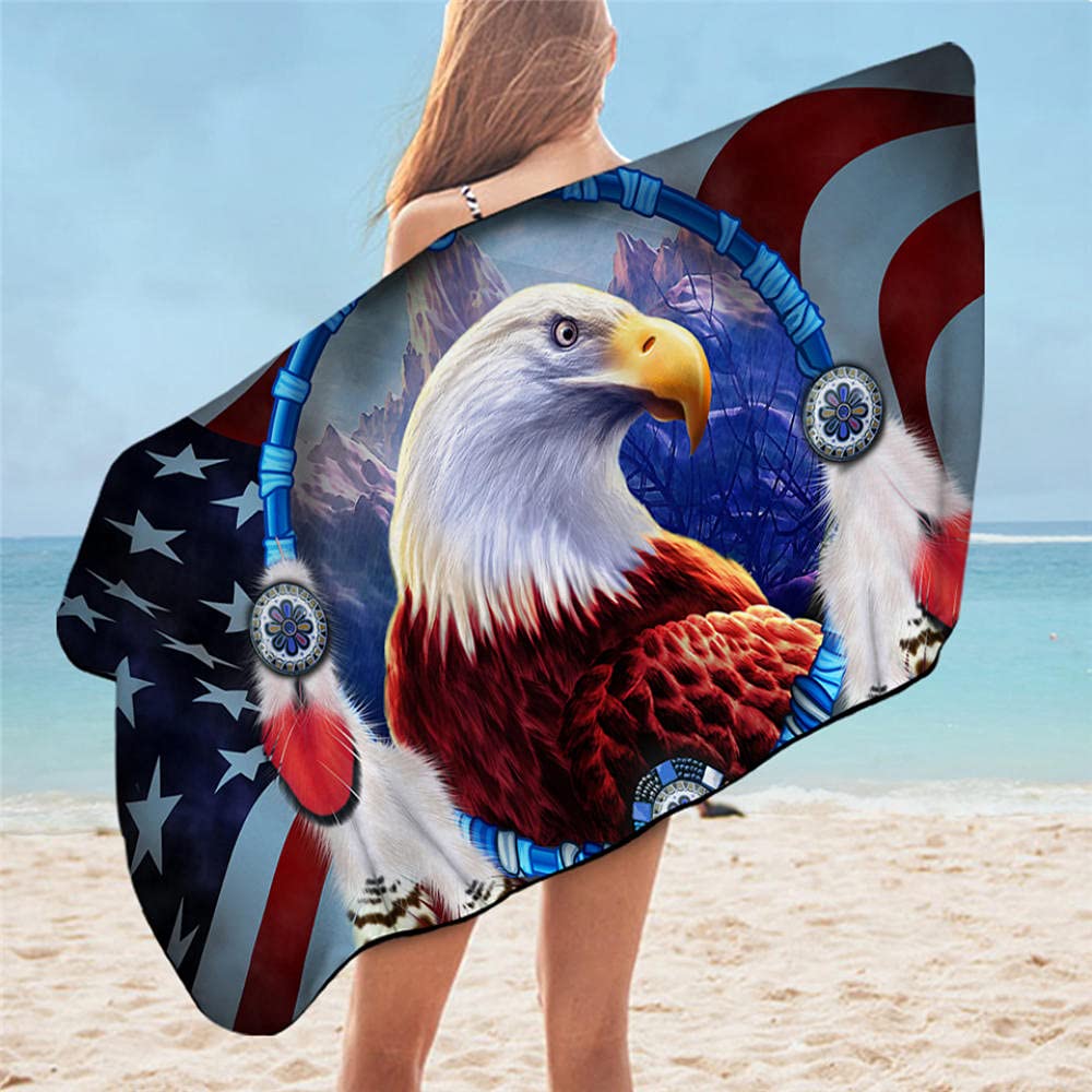 Lsjuee Large Travel Towel, Eagle Bath Towel 3D Printed Microfiber Beach Towel Compatible with Adults Rectangle American Flag Towel