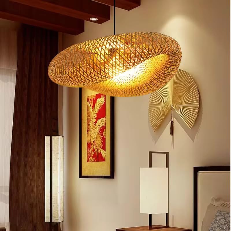 Image of Boho Woven Rattan Disc Pendant Light|Decorative Wooden Handwoven Hanging Lamp for Dining, Cafe & Living Room Decor