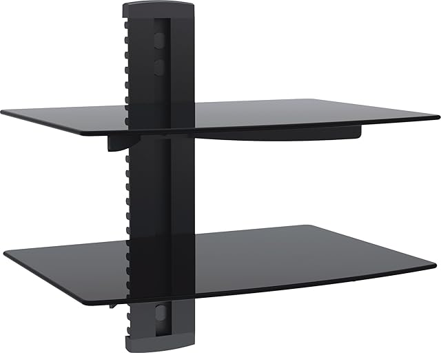 VonHaus Floating Shelves Black - 2-tier Wall Mount Bracket and Strengthened Tempered Glass - for DVD / Blu-Ray Player, Sky Box, Games Consoles
