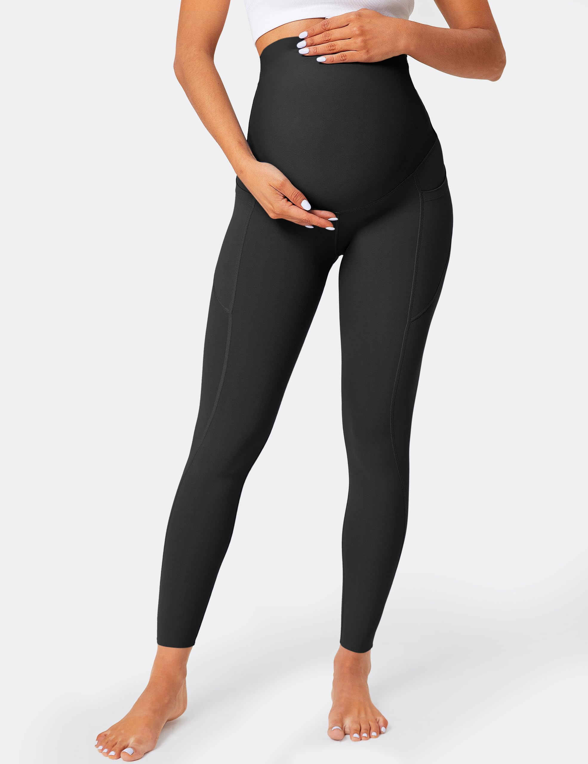 BAYDI Leggings premaman da donna con tasche, opachi, lunghi per gravidanza, a vita alta, morbidi, elastici, per gravidanza