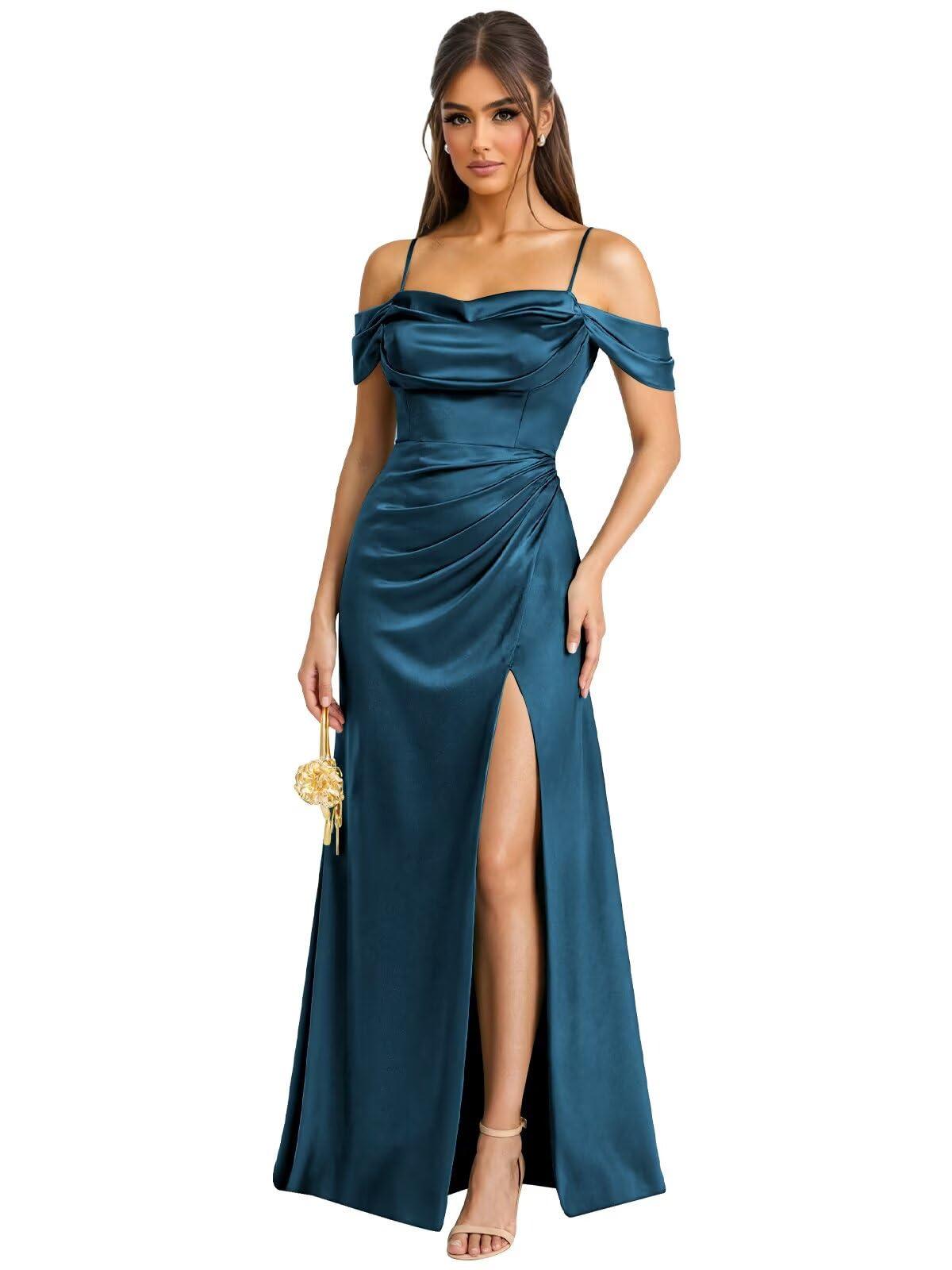 Off The Shoulder Bridesmaid Dresses for Women Long Cowl Neck Satin Formal Evening Gown with Slit