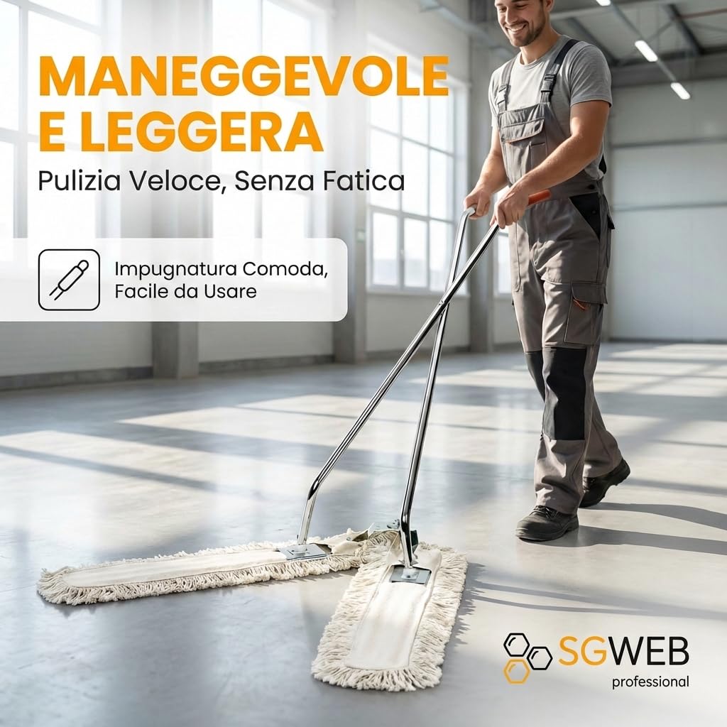 Scopa industriale a forbice con panno da 100 cm - Scopa per grandi dimensioni con Doppia frangia in cotone lavabile - Sistema professionale per grandi superfici