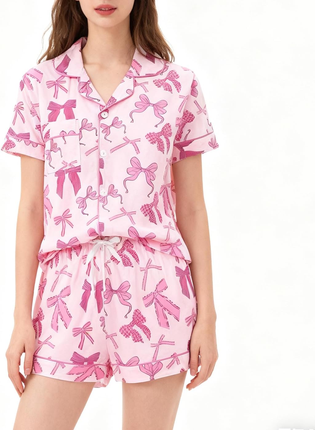 Girls Pjs Bow Pajamas Set Short Sleeve Sleepwear Soft Button Down Sleepwear Set for Women - Image 2