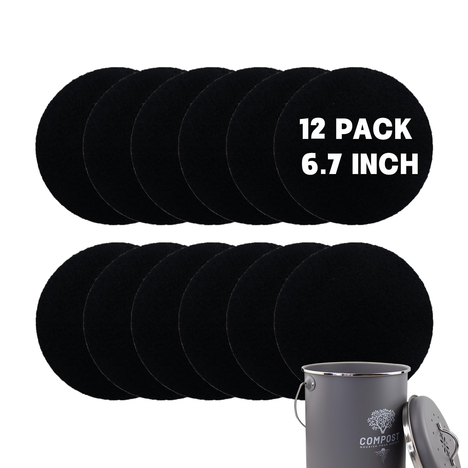 12 Pack - 6.7 Inch Round Compost Bin Charcoal Filters,Extra Thick Activated Carbon Charcoal Filters for Longer Lasting Odor Control, Fits Countertop and Home Bucket Kitchen Compost Bins (Refill)​