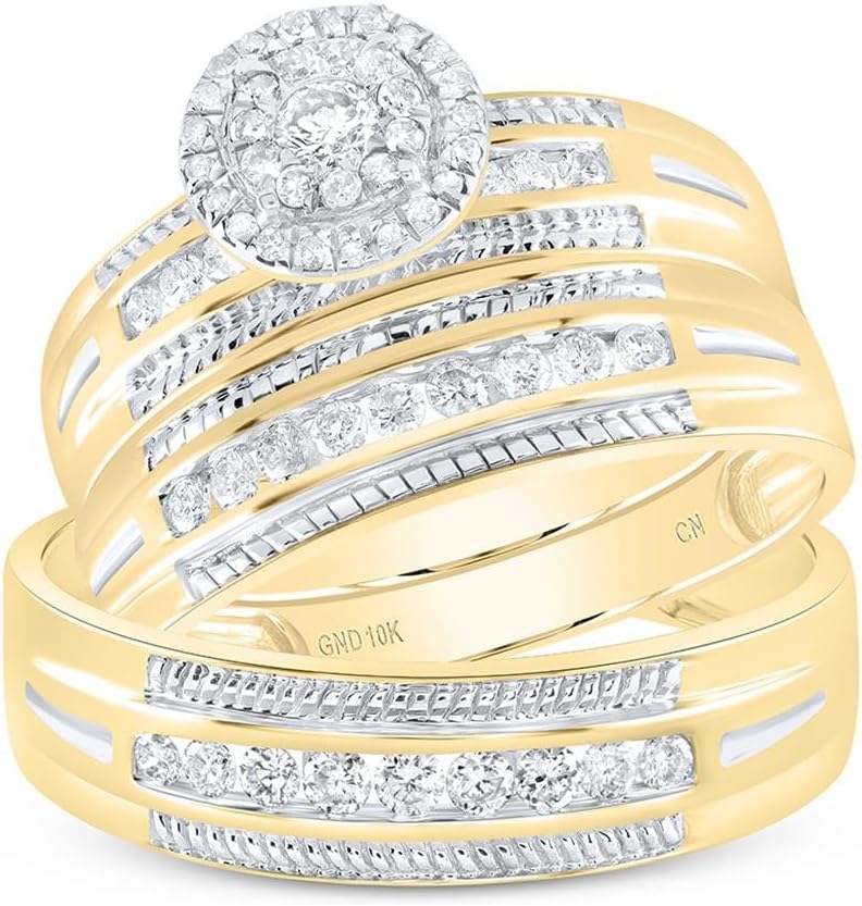 Jewels By Lux 10K Yellow Gold His Hers Round Diamond Halo Matching Wedding Set 5/8 Cttw, Womens Size 5-9, Mens Size 8-12