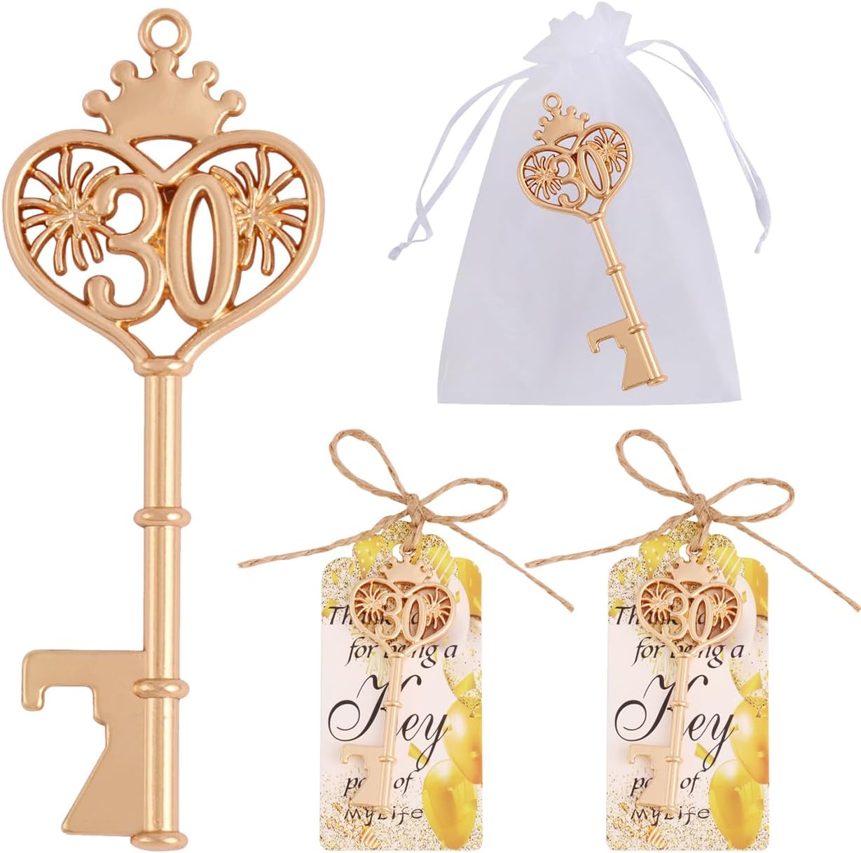 50 pcs 30 Birthday Party Favors Key Bottle Opener, 30th Beer Opener Keychain Favors for Guests with Organza Bags and Thank You Cards, Keychain Bottle Openers for Birthday Decoration Supplies
