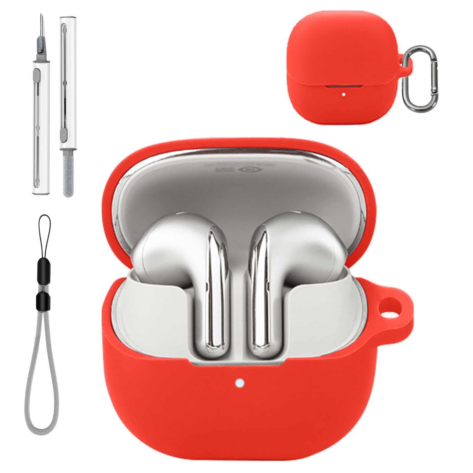 for Xiaomi Buds 5 Case Cover with Cleaner Kit, Soft Skin Silicone Case Cover with Keychain and Lanyard，Full Protective Case for Men and Women-Red