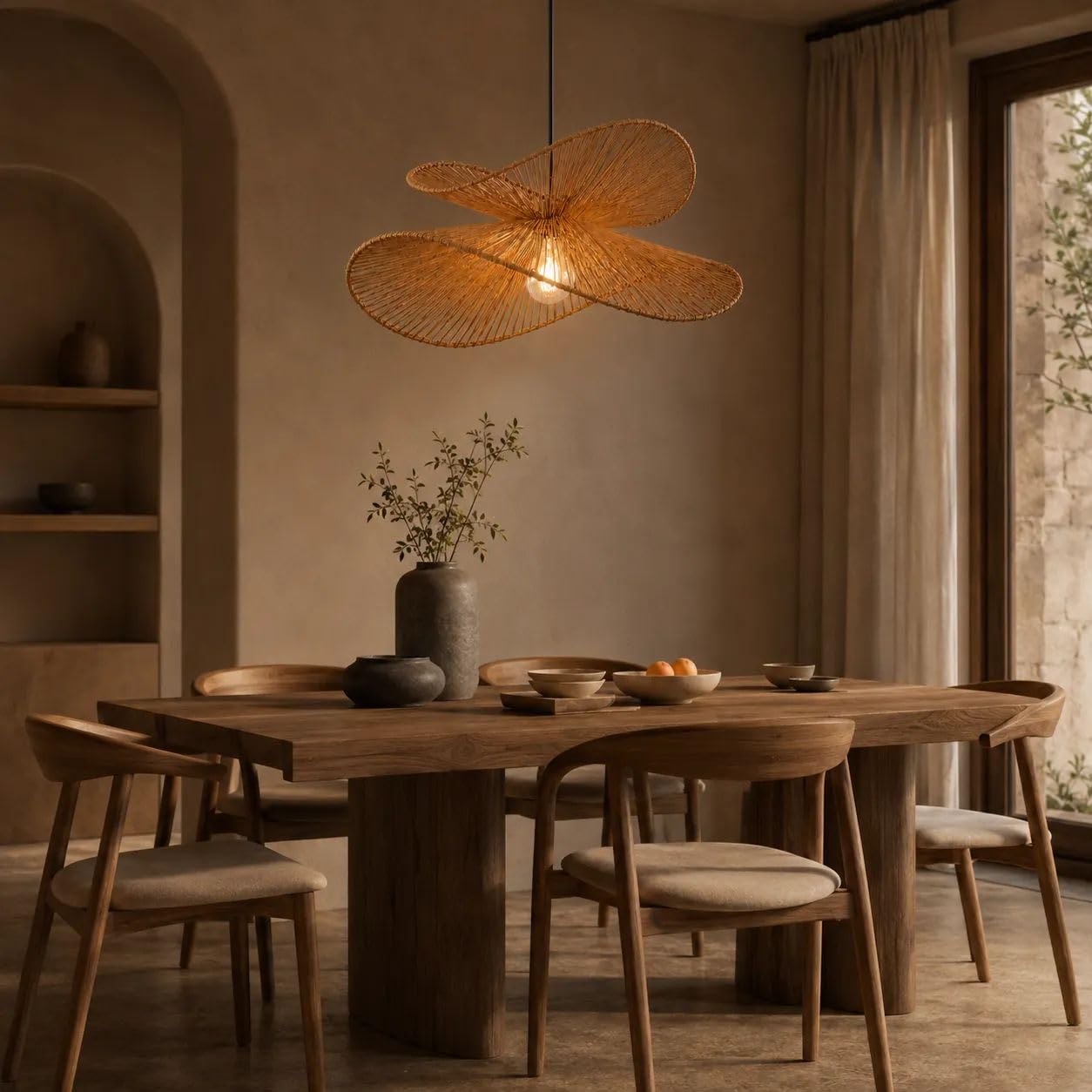 Lampadario Rattan E27 Sospensione Boho Japandi | Cavo Regolabile 100-1000 mm | Design Intrecciato a Doppio Livello | Lampada a Sospensione per Soggiorno Camera Ristorante (Bianco)