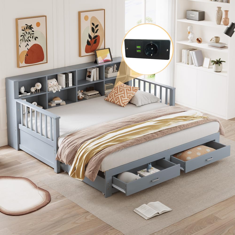 Divano letto estraibile in legno massello 90(180) x190cm, con vano contenitore e presa di ricarica, divano letto 2 posti con 2 cassetti e rete a doghe, pino, grigio