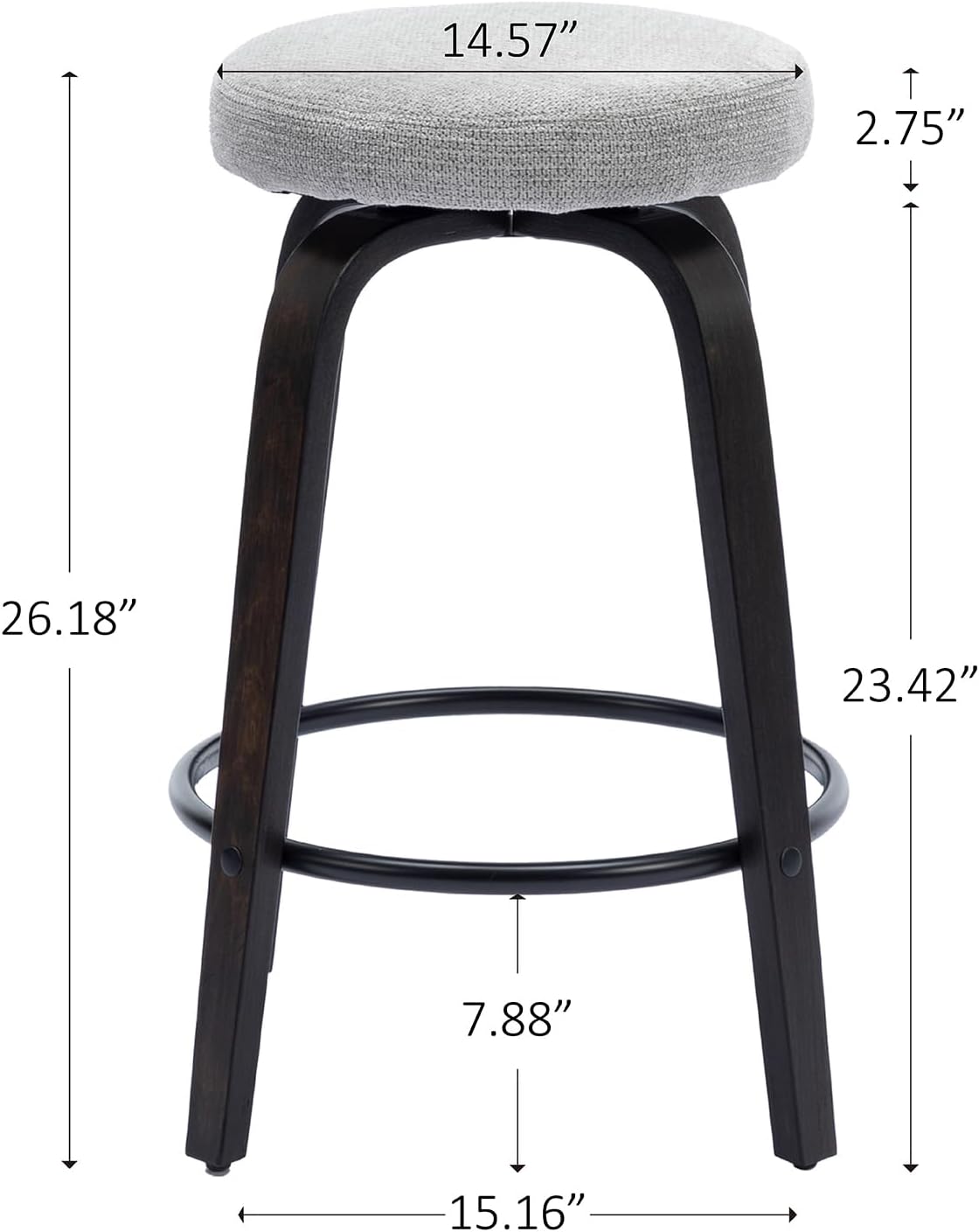 Swivel Bar Stools Set of 2 for Island Kitchen, Modern 26" Backless Counter Height Bar Stools, 360 Swivel Seat Grey
