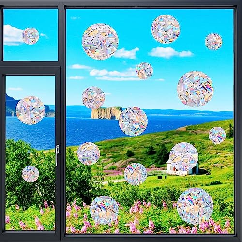Image of 36PCS Circle Window Clings - Anti-Collision Window Decals to Save Birds from Window Collisions,Non Adhesive Prismatic Vinyl Window Clings, Rainbow Stickers