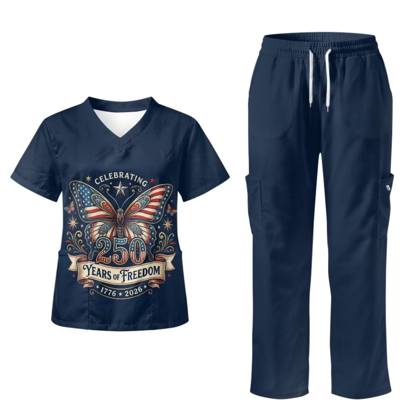 250 Years of Freedom Scrubs zestaw dla kobiet flaga amerykańska top i spodnie na Dzień Niepodległości Motyl, CNA Essentials do pracy