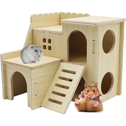 Hamster House, Hamster Toys, Guinea Pig House Natural Wooden Hideout for Hamsters, Guinea Pigs, and Small Pets, Multi-Level Play and Rest Space, Easy to Assemble and Clean