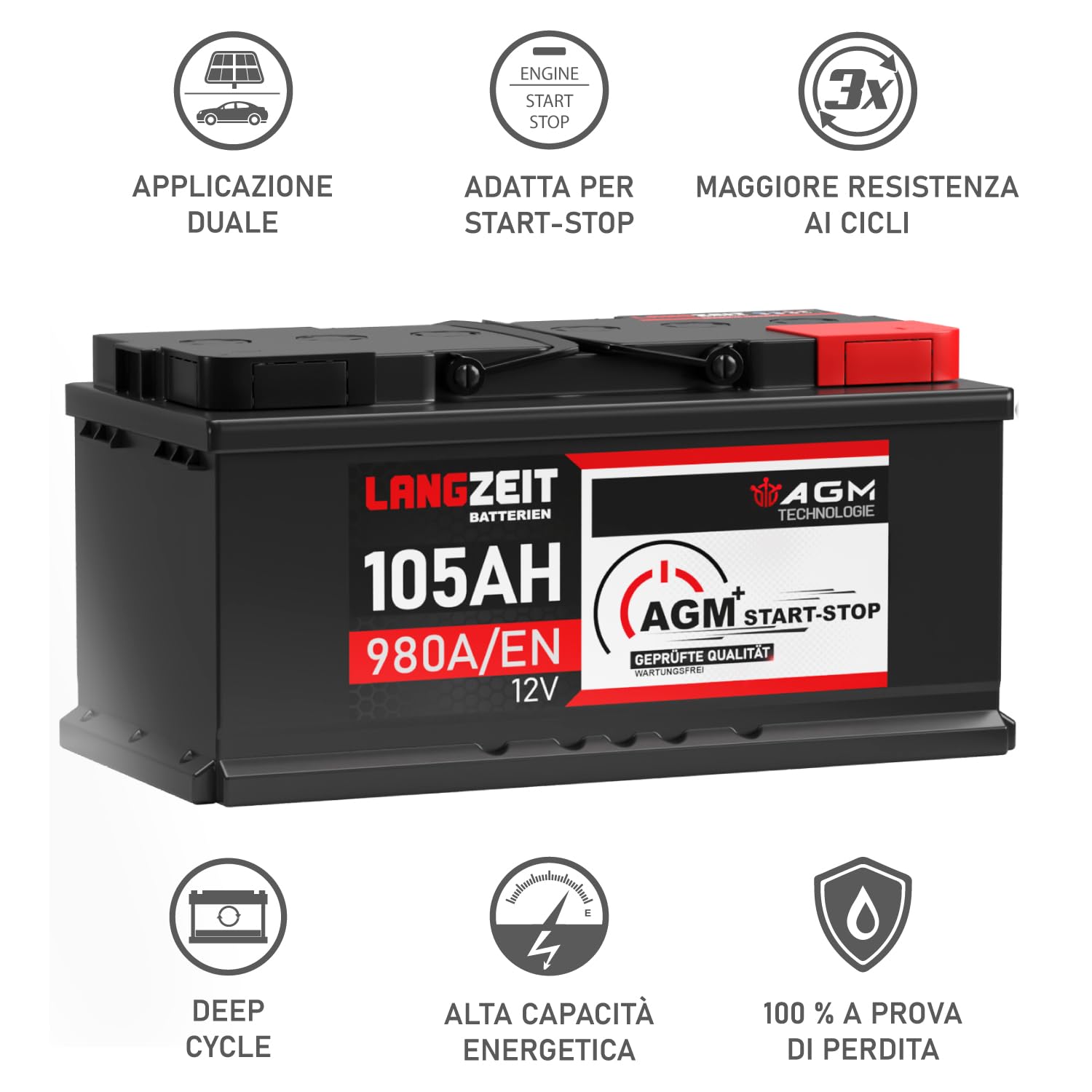 LANGZEIT batteria auto 12V 105Ah AGM start-stop VRLA sostituito 100Ah 110Ah