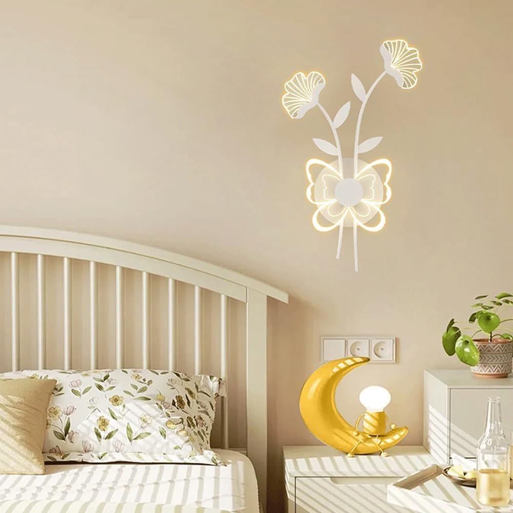WJJHERRH Decor Fixture Ginkgo Leaf Nordic Clear Butterfly Art Lamp, 3000K/4000K/6000K Adjustable, 15W Creative Metal Kids Room Wall Light, Black/White/Green(White Color)
