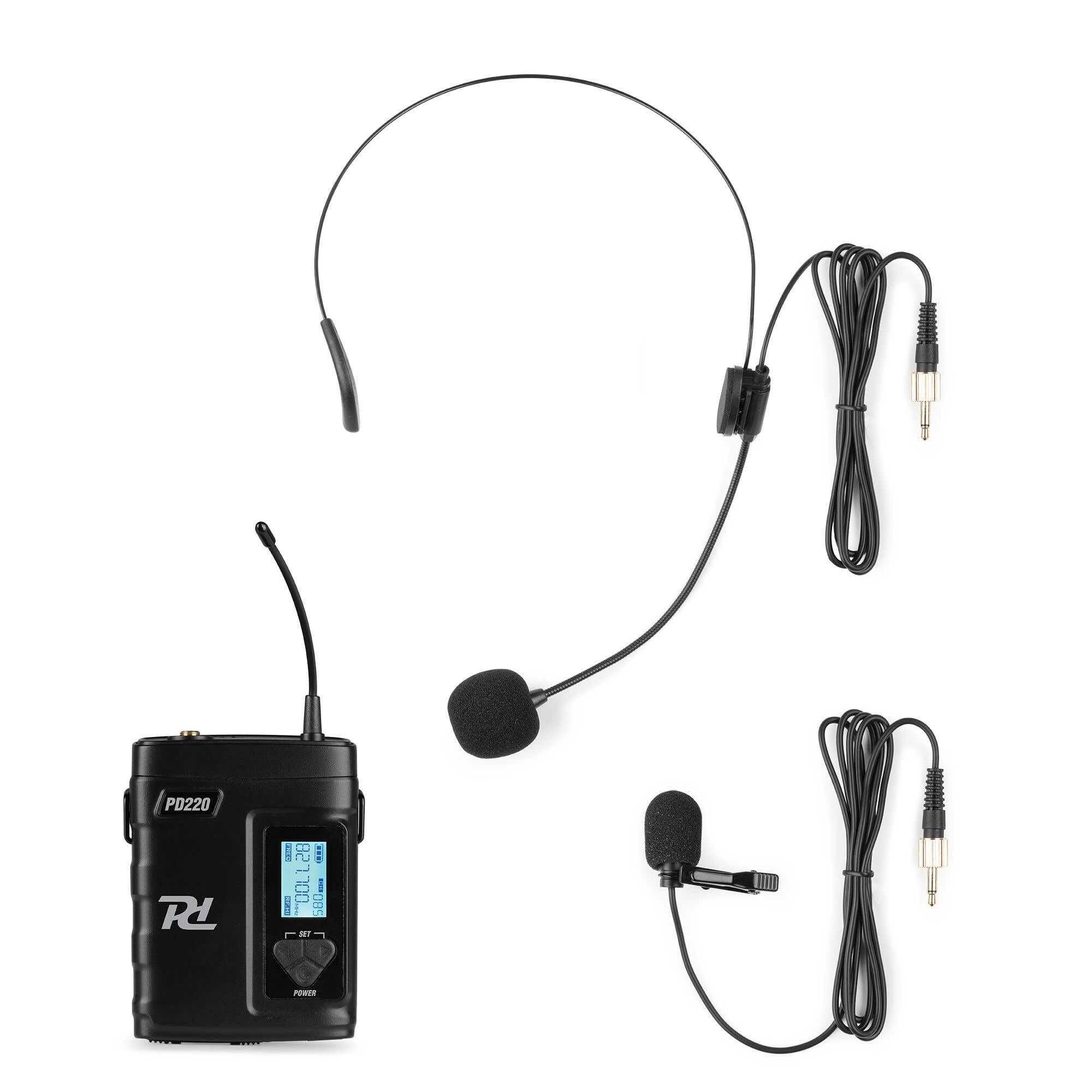 Power Dynamics 220BP Pack de micrófono inalámbrico de diadema y solapa para sistemas PD220, 160 canales, micrófonos de solapa y diadema, indicador de batería, conector 3,5 mm, alimentación de pilas AA