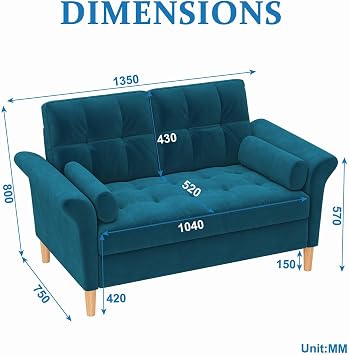 Compact 2 Seater Fabric Sofa with Tufted Back, Blue