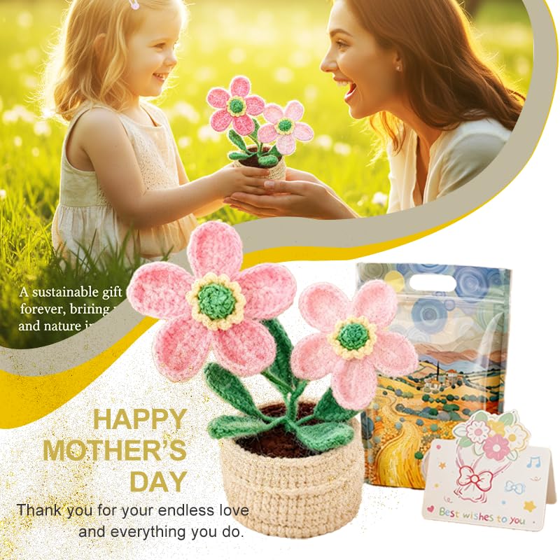 Hand-Made Crochet Wild Rose with Greeting Card and Handled Gift Bag, Spring Artificial Flowers for Mothers Day Appreciation Gifts for Family Girl Friend Other Half(Gradient Pink)