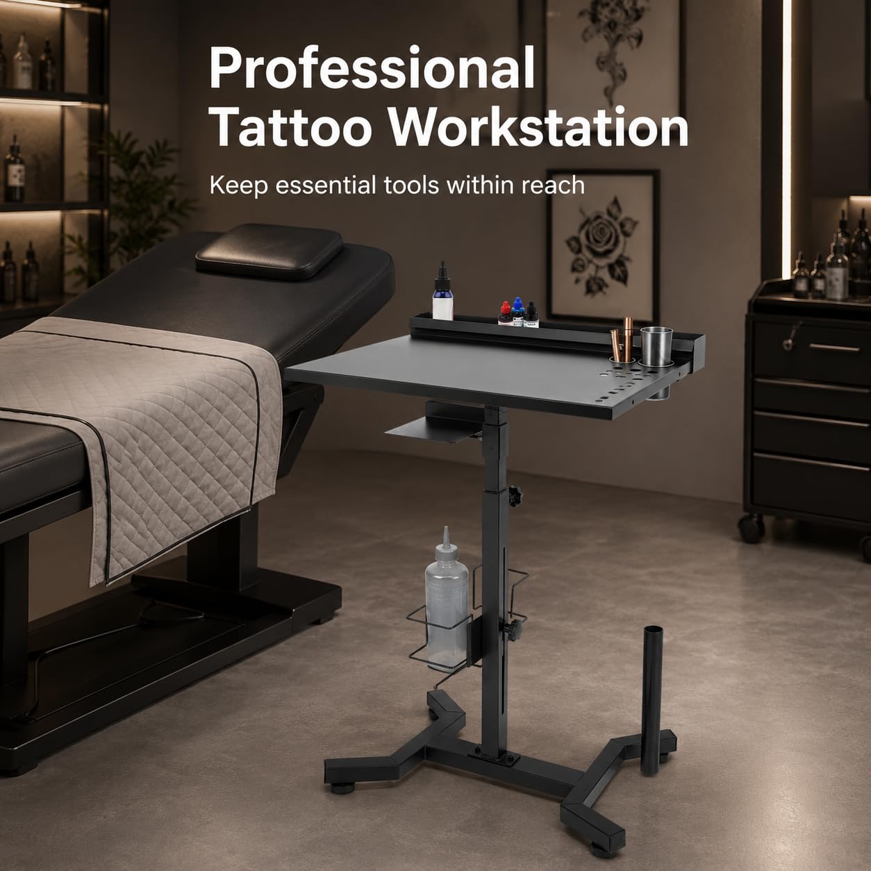 Station de Travail de Tatouage Plateau de Salon Hauteur Réglable 68-92cm Tablette Coiffure A Roulette Portable Mobile Chariot De Rangement,pour La Maison, Salon De Coiffure, Tatouage