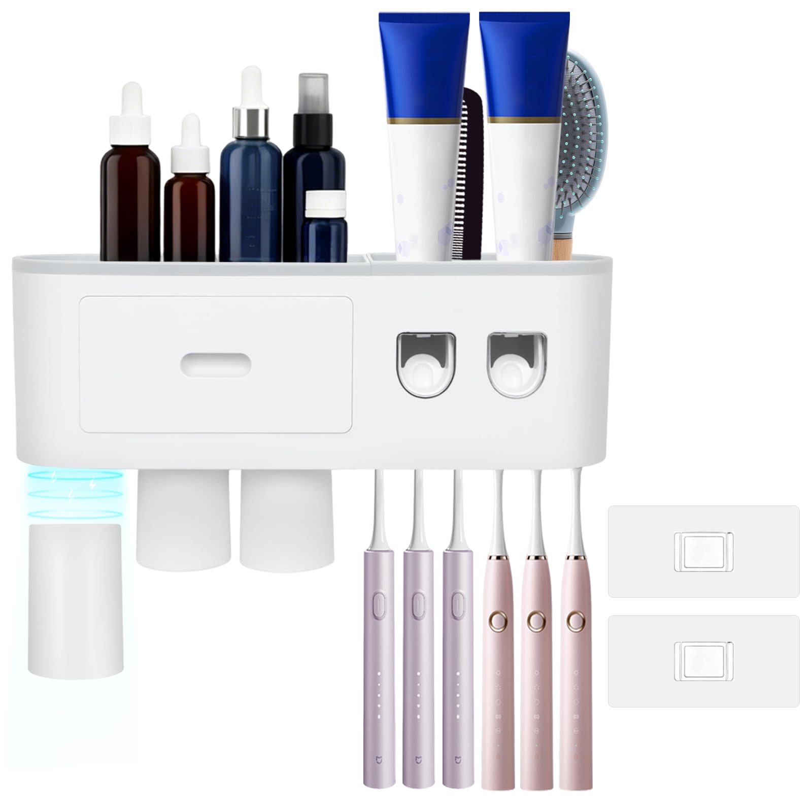 Nzwbshssp Grey Toothbrush Holders Wall Mounted 3 Cups Toothbrush Organizer With Automatic Toothpaste Dispensers 6 Brush Slots, 3 Magnetic Cups,1 Cosmetic Drawer Organizer And 1 Large Storage Tray(3 Cups)
