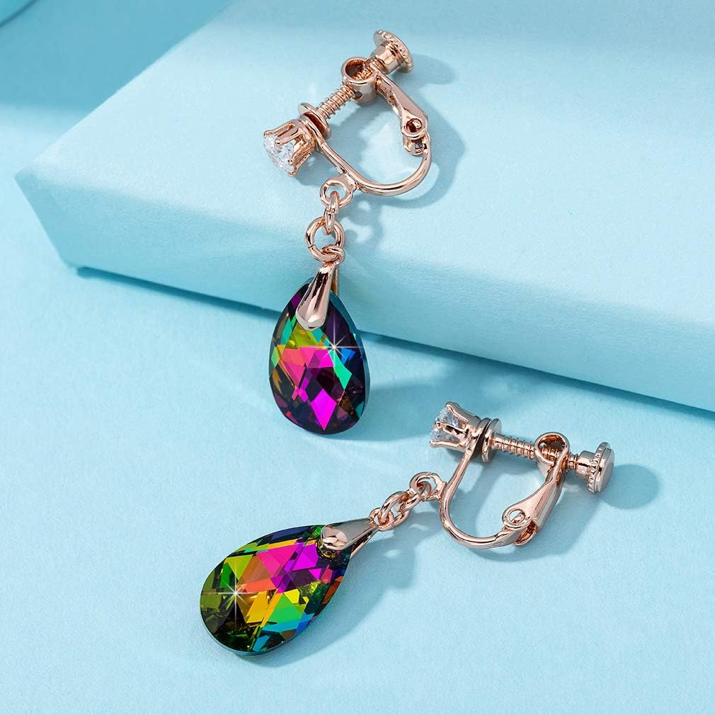 Teardrop Austrian Crystal Drop Clip On Dangle Earrings for Women Non Pierced 14K Rose Gold Plated Hypoallergenic Jewelry - Image 3