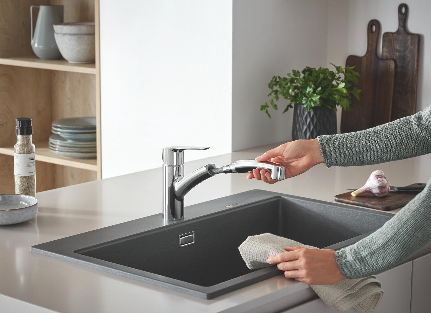 GROHE QUICKFIX Start Robinet de Cuisine évier, Douchette extractible, Inverseur 2 jets, Rotation 90°, Chromé