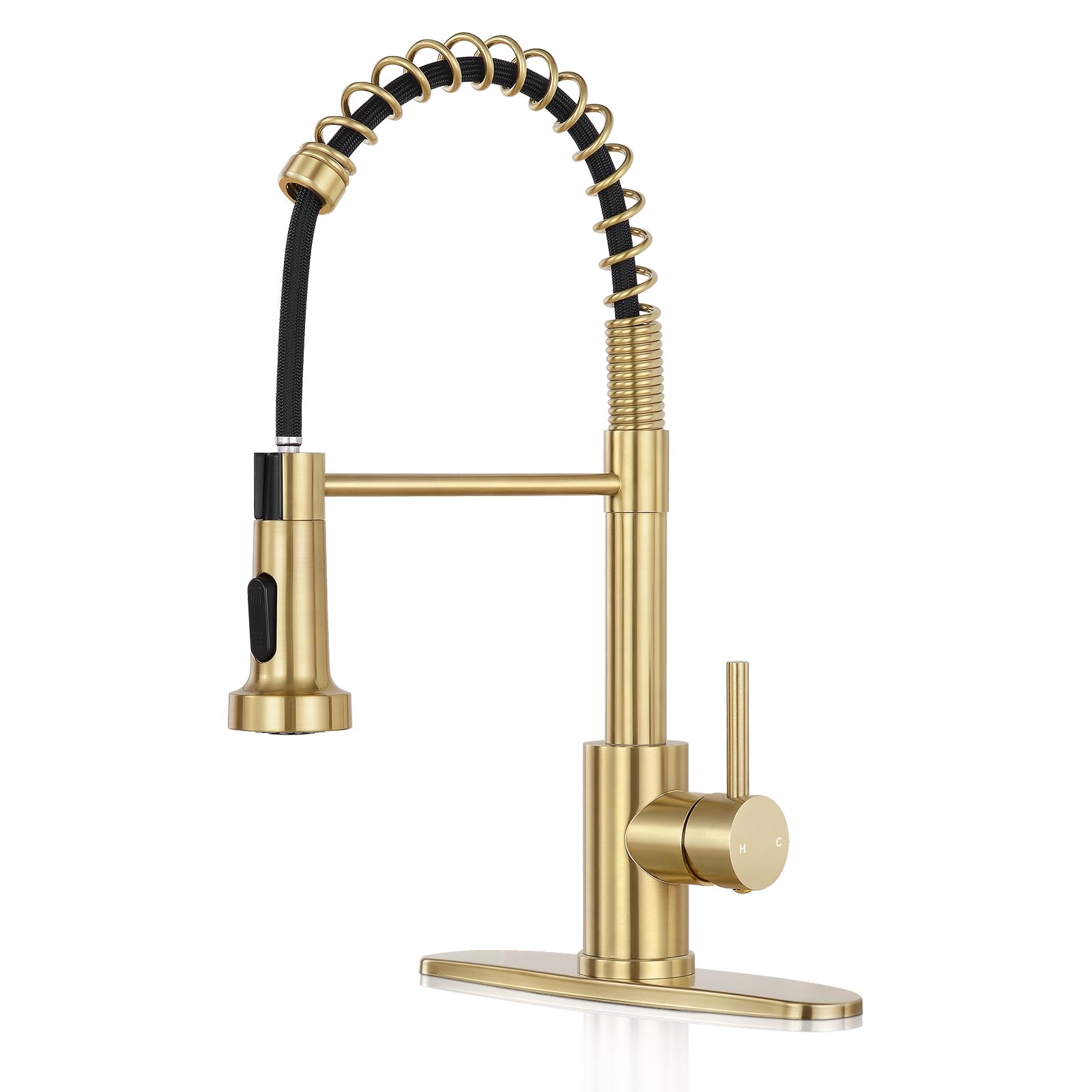 Kitchen Faucet with Pull Down Sprayer,Commercial Single Handle Stainless Steel Kitchen Faucets with Deck Plate (Brush Gold)
