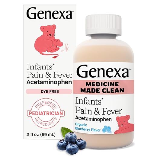 Genexa Infants' Clean Acetaminophen | Pediatrician Preferred Ingredients | Pain Reliever & Fever Reducer for Babies | Dye Free, 0% Artificial Additives | Delicious Organic Blueberry Flavor, 2 fl oz