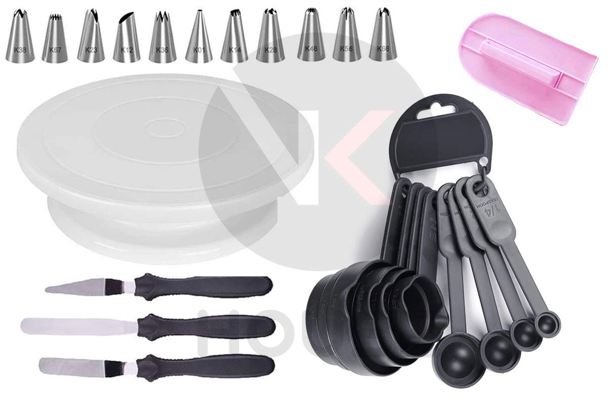 VK HOUSE Kitchen Cake Decorating 12 Peace Cake Nozzle, 1 Cake Table, 3 in 1 Cake Spatula, 1 Smoother, 8 Pcs Measuring Spoon Set