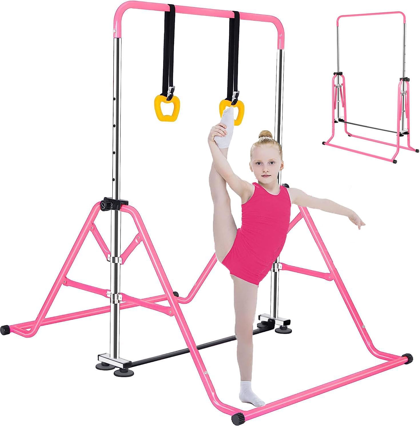 Gymnastics Bar for Kids, Junior Training Kip Horizontal Bar Gymnastics Equipment for Home, Adjustable Telescopic Height Folding Horizontal Bar with Gymnastic Rings for 3-12 Years Old Kids