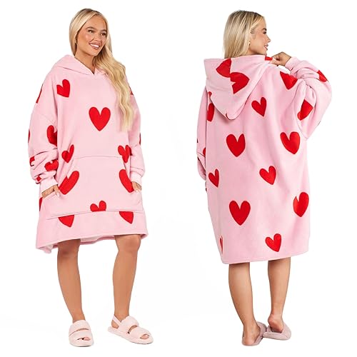 Dreamscene Heart Print Hoodie Blanket Sherpa Lined Fleece Womens Plush Oversized Giant Pull Over Soft Jumper Wearable Throw - Valentine Day Gifts - One Size - Pink Red