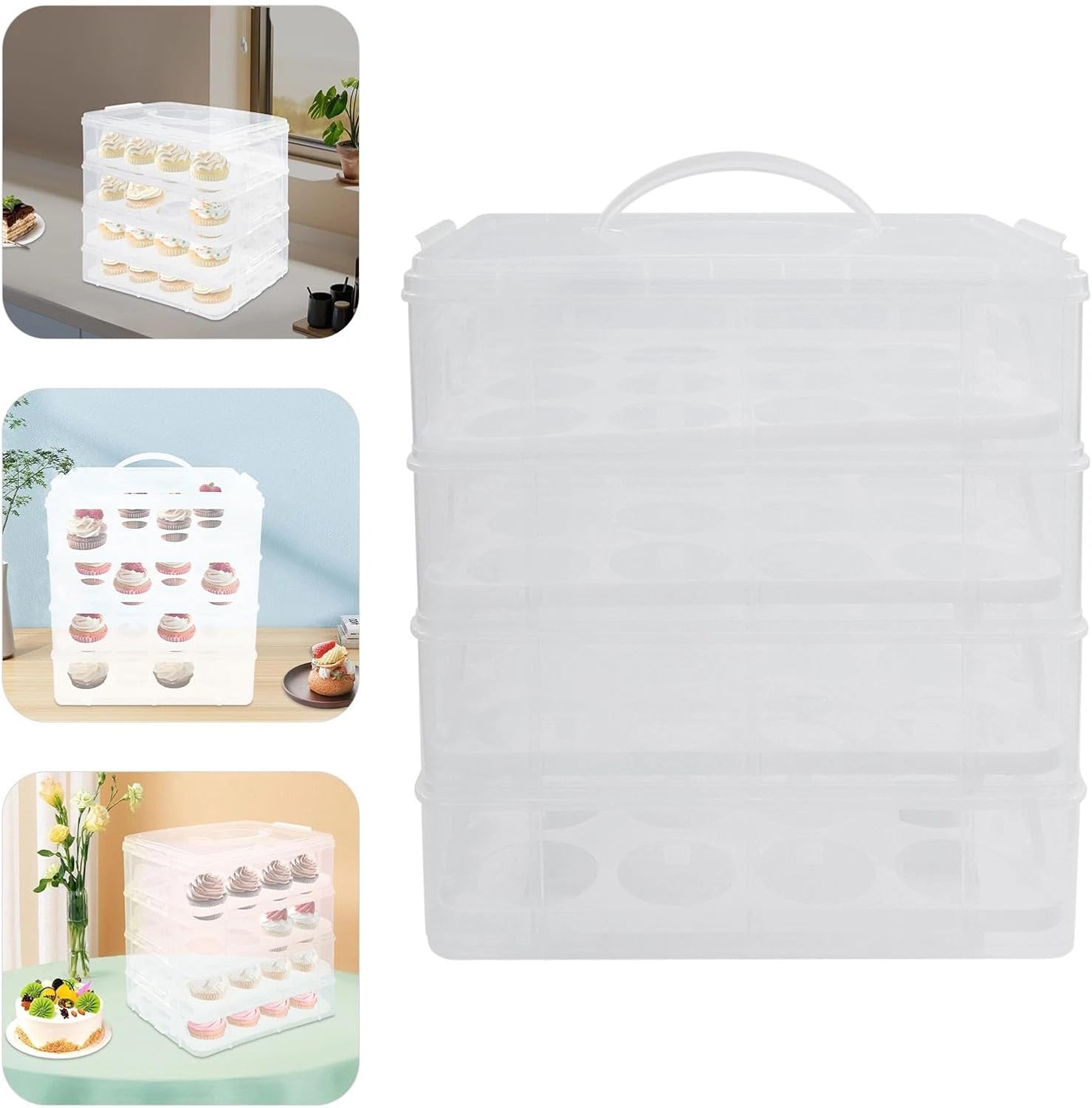 Large 4 Tier Cupcake Carrier, Dessert Holder, Portable Storage Container with Removable Trays & Transparent Lid - Holds 48 Cupcakes for Parties, Baking, Picnics