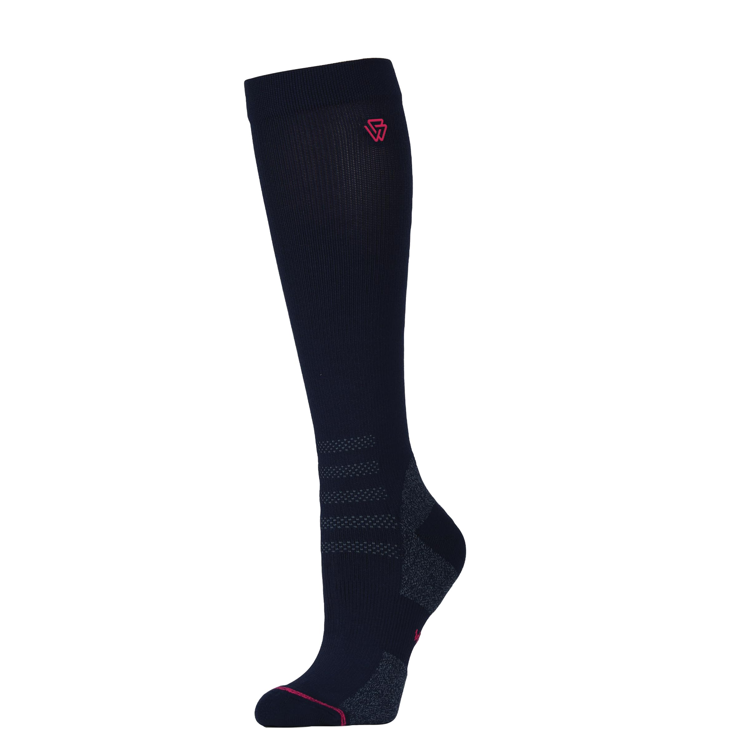 WeatherBeeta Compression Knee Length Riding Sock, Navy/Bright Pink, Adults Large