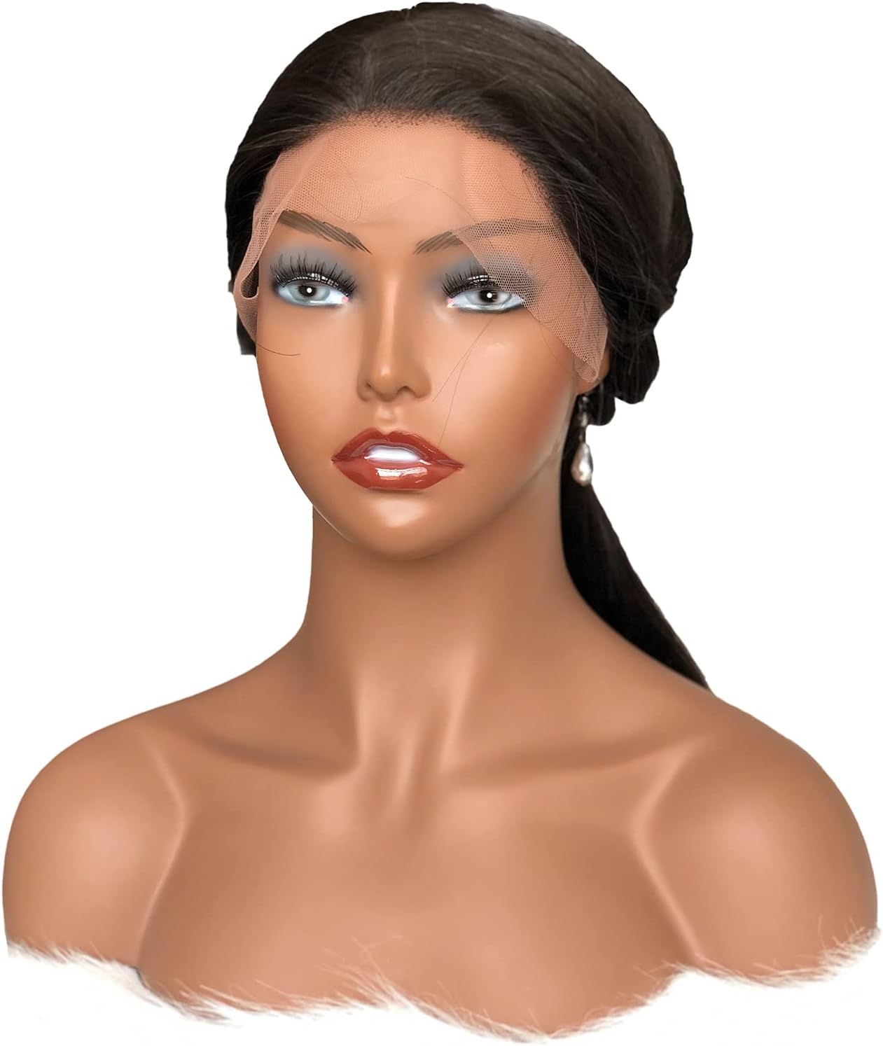 Realistic Female Mannequin Head with Shoulder Manikin PVC Head Bust Wig Head Stand with Makeup for Necklace Earrings Dark Brown Color