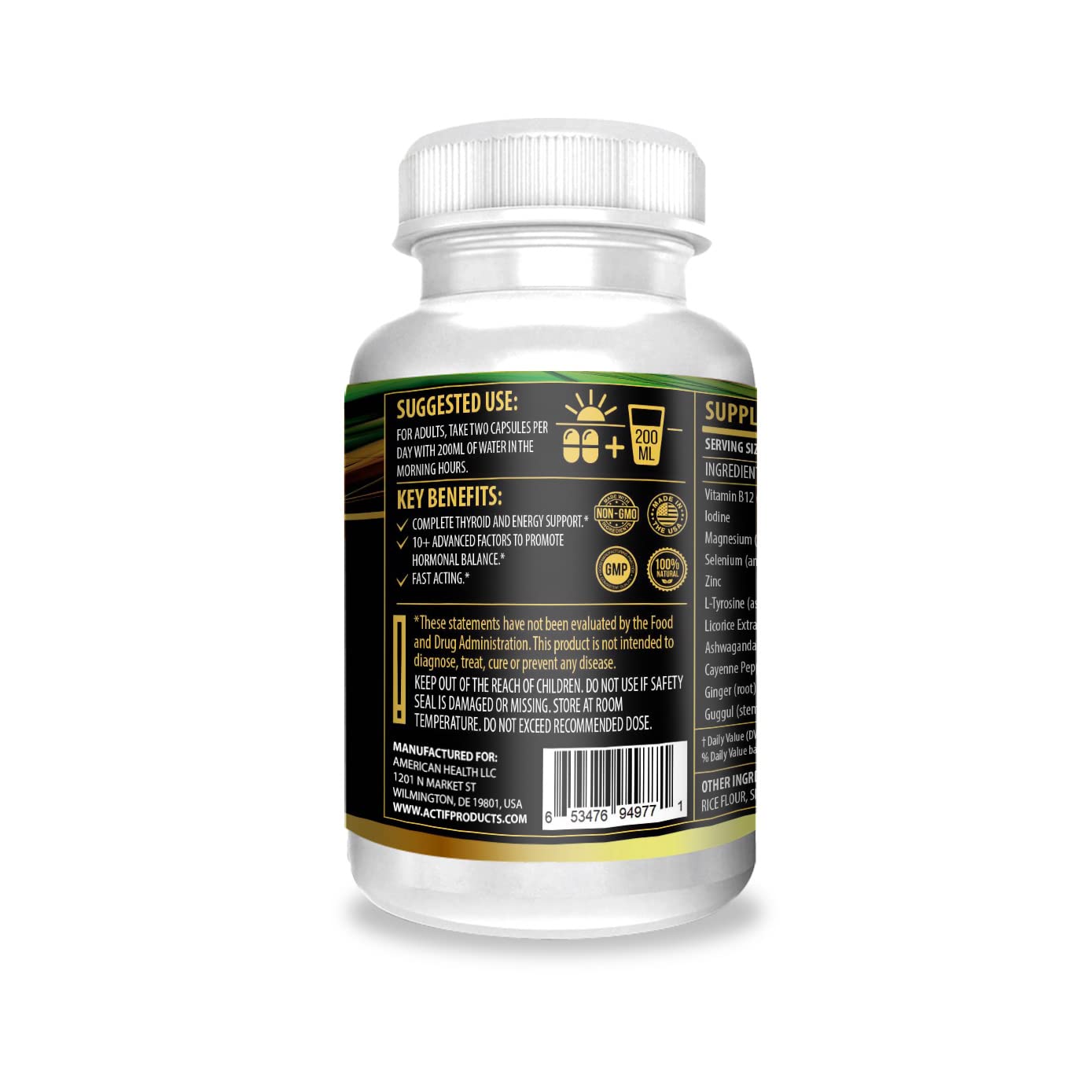 ACTIF Thyroid Mega Support - Maximum Strength with 10+ Thyroid Factors - Supports Energy, Metabolism, Adrenal Fatigue & Stress Response - Non GMO, 1 Month Supply, Made in USA — Amazon image 2