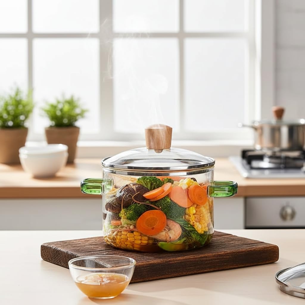 Avastro 1.6L Heat Resistant Glass Soup Pot with Lid | Double Handle Microwave, Gas Stove & Induction Compatible Cooking Pot | Transparent Glass Noodle & Soup Cooking Pot | Non-Stick Induction Bottom