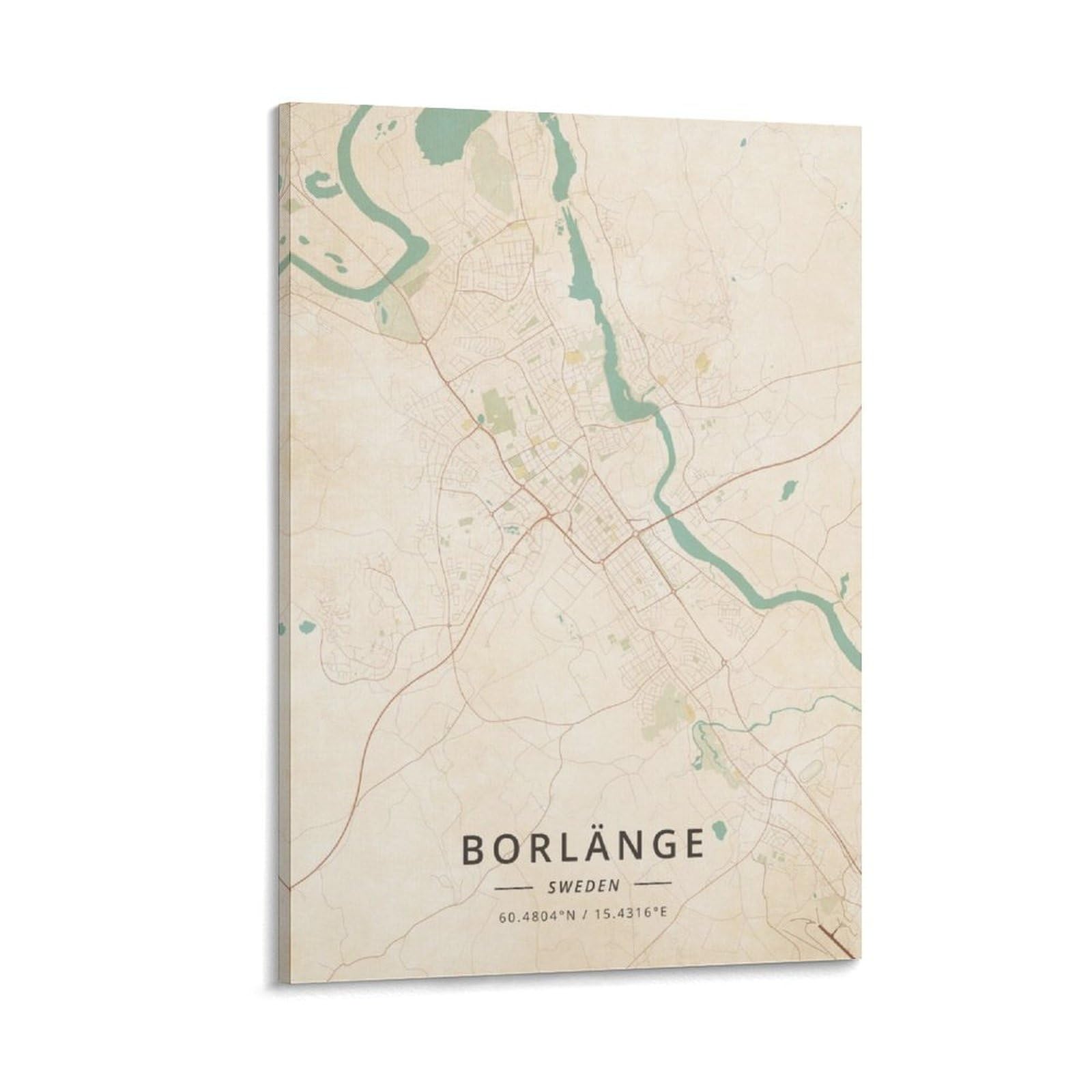 LZTEN Borlange - Poster con mappa della Svezia, stampa vintage per camera di ragazzi e adolescenti, stampa artistica da parete su tela, 50 x 75 cm