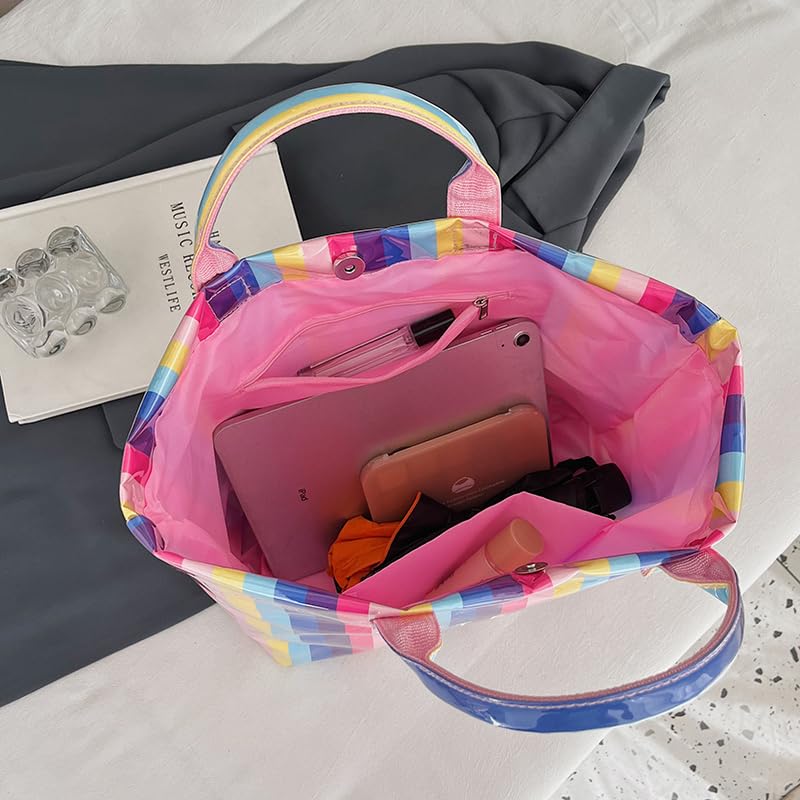 Image of Lushandy Striped PVC Tote Bag for Women, Checkered Plastic Tote Bag for Beach Pool Large Plaid Letters Print Hobo Handbag