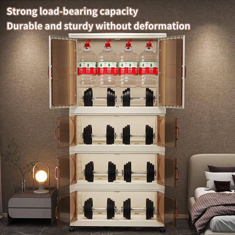 Image of EXVITO Modular Plastic Wardrobe for Bedroom | 1 Tier+3 Bins Foldable Cupboard with Hanging Rod | Stackable Storage Almirah for Clothes with Wheels | Multi-Layer Plastic Storage Cabinet -Trans 713