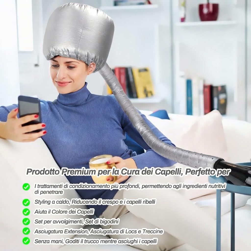 Casco per asciugatura cuffia asciugacapelli elastico attacco a phon grigio portatile professionale capelli ricci