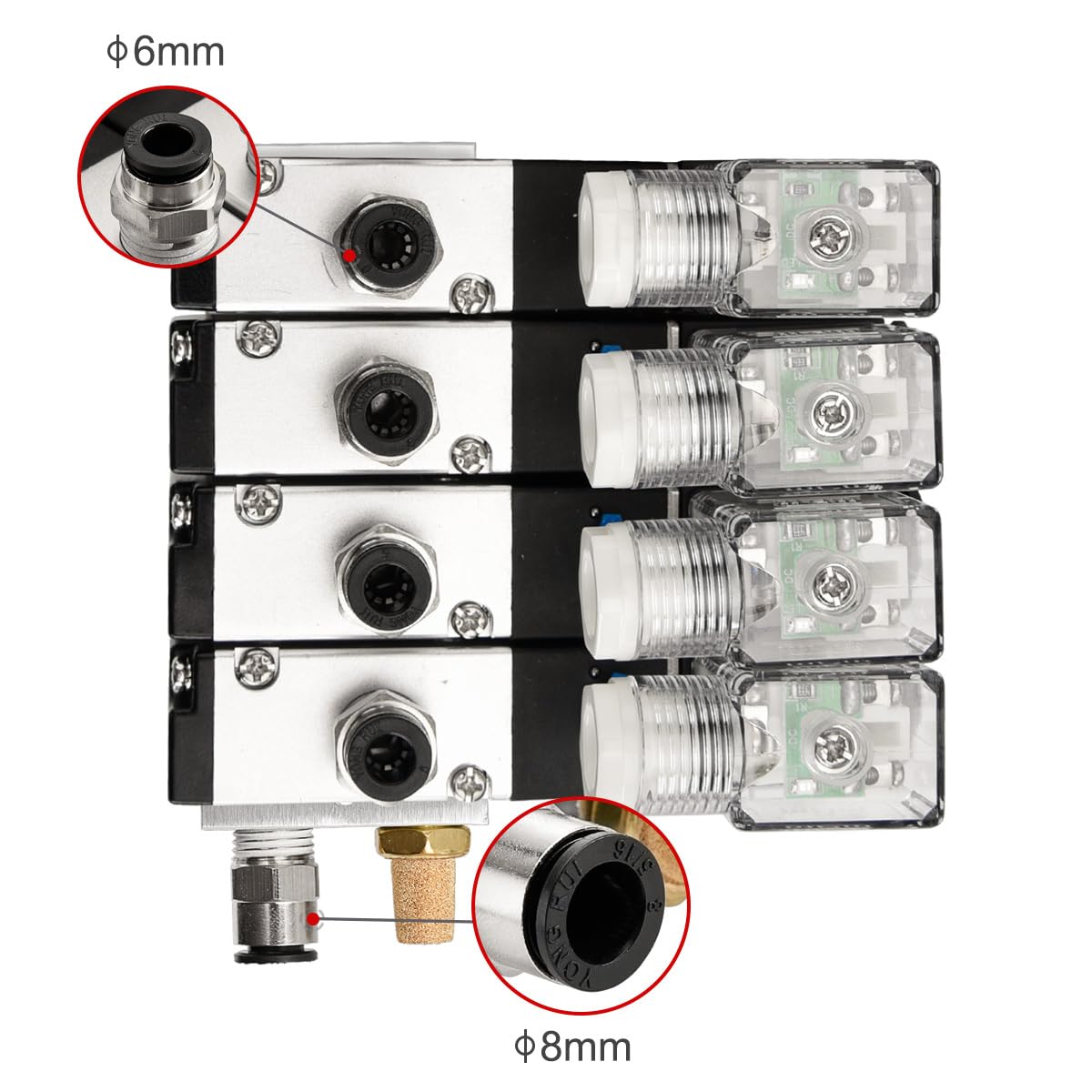 Heschen Elettrovalvola pneumatica elettrica 4, 3V210-08, DC24 V, PT1/4, 3/2 vie, kit di collegamento rapido silenziatore base collettore (4 stazioni)