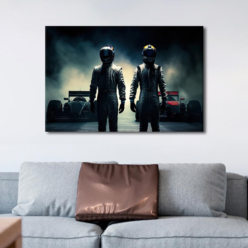 TISHIRON Framed Men, Racers in Leather Costumes and Helmet Canvas Wall Art 1 Panel Racing Car Champions - Image 2