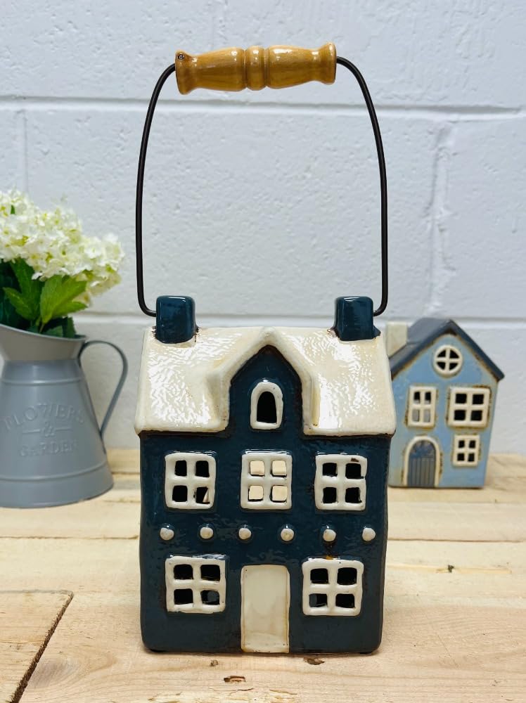 Tealight Candle Holder Housewarming Gift Cottage Ceramic Village Pottery House Ornament (Blue House With Handle (16cm))