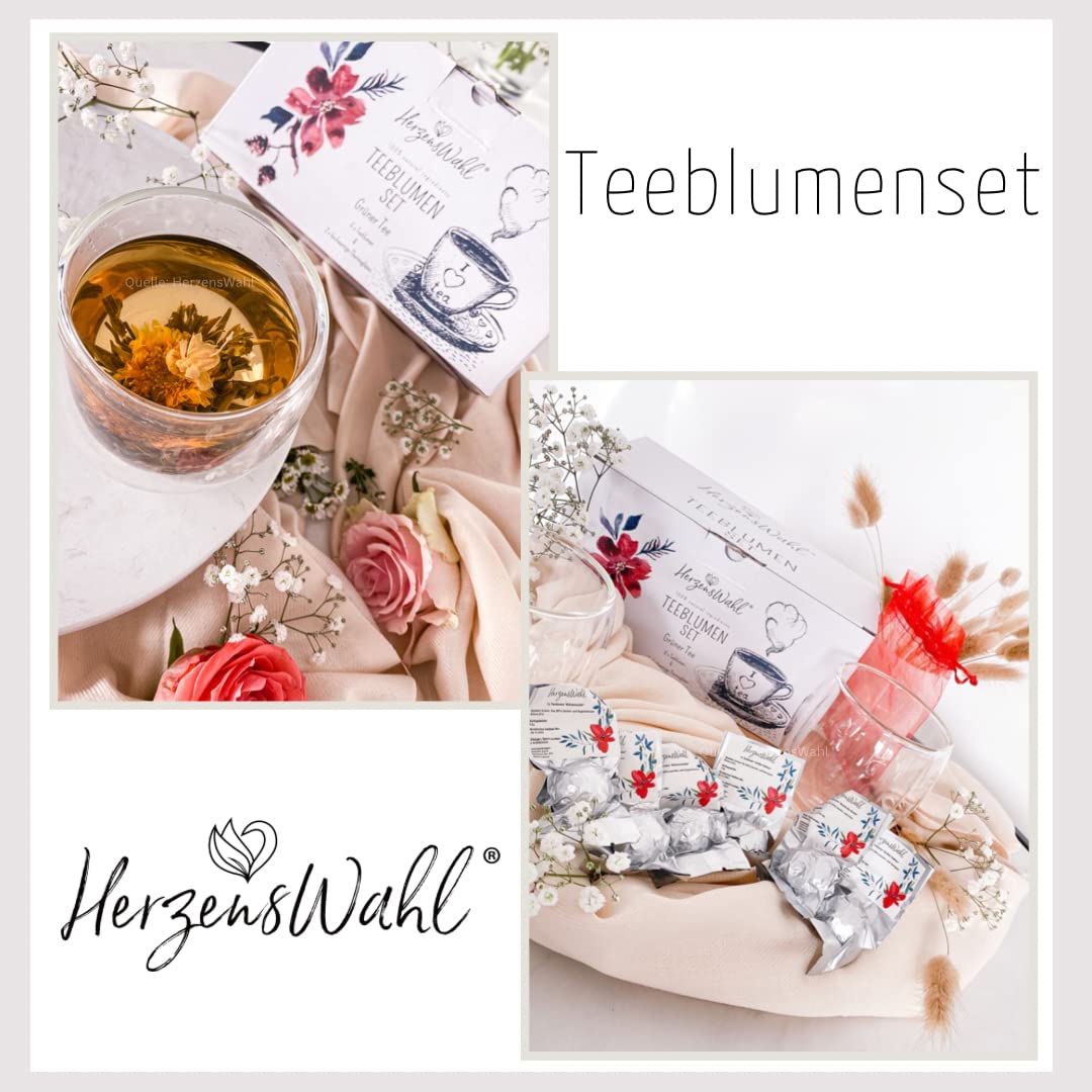 HerzensWahl Teeblumen Geschenkset | 6x Teeblumen, 2x Teetassen & Geschenkbox | Erblühtee | Teerosen Probierset | Grüner Tee & Teegläser Set für Teeliebhaber
