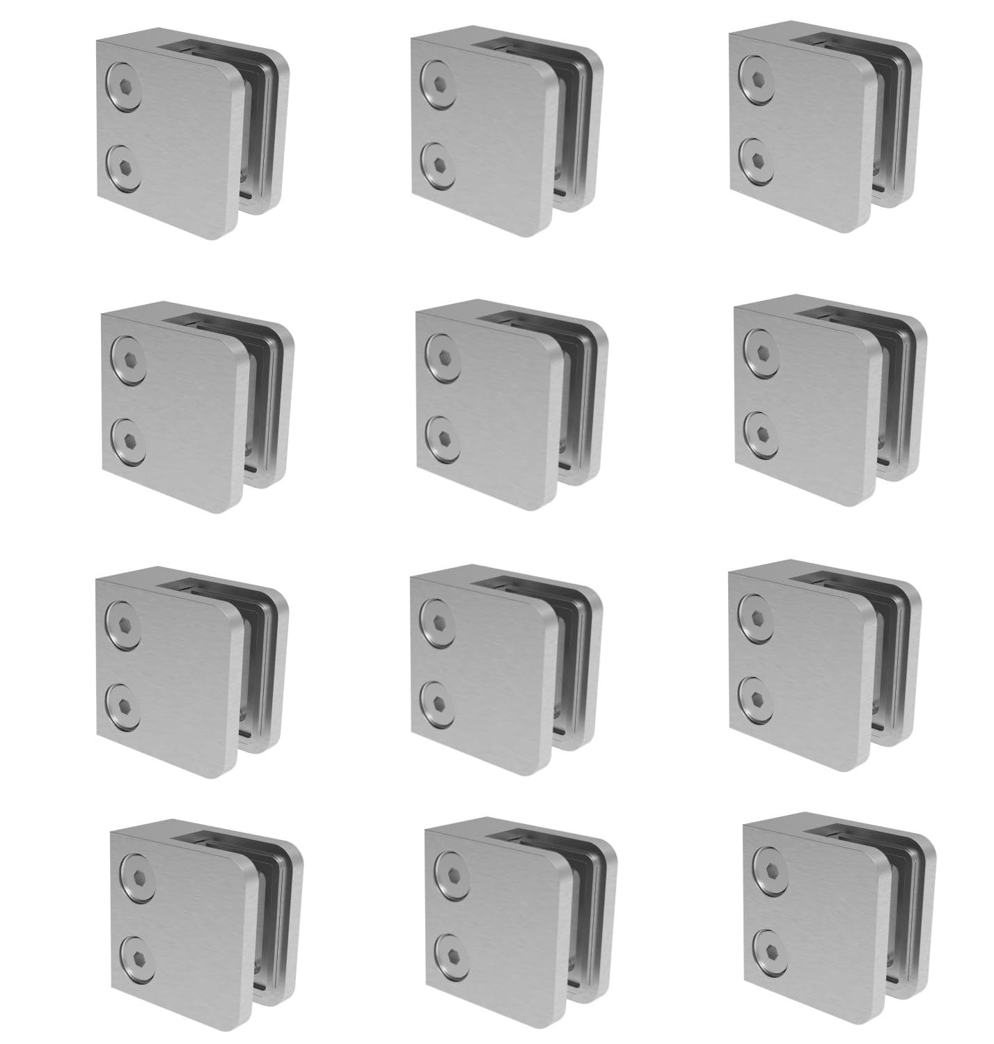 Sellon24® 12 soportes de cristal de acero inoxidable para escaleras, barandilla V2A, rectangular, 45 x 45 x 28 mm, incluye inserto de goma, mod 21.000 (plano/grosor del cristal: 10 mm)