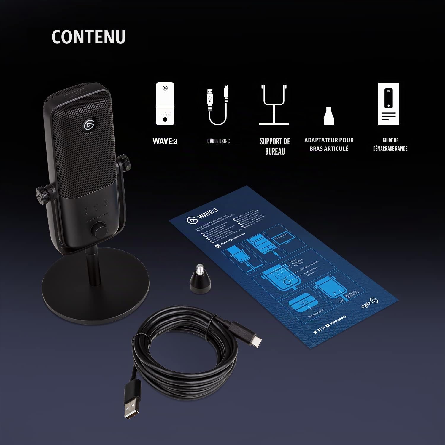 Elgato Wave:3 - Micro à condensateur USB de qualité studio pour streaming, podcasts, gaming et télétravail, logiciel de mixage gratuit, plug-ins d'effets, anti-distorsion, plug & play sur Mac et PC