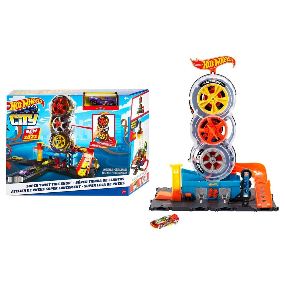 Hot Wheels City Super Twist Tire Shop - Taller con Rueda Gigante - Incluye Coche - Compatible con Conjuntos Hot Wheels - Regalo para Niños de 4-8 Años, HDP02