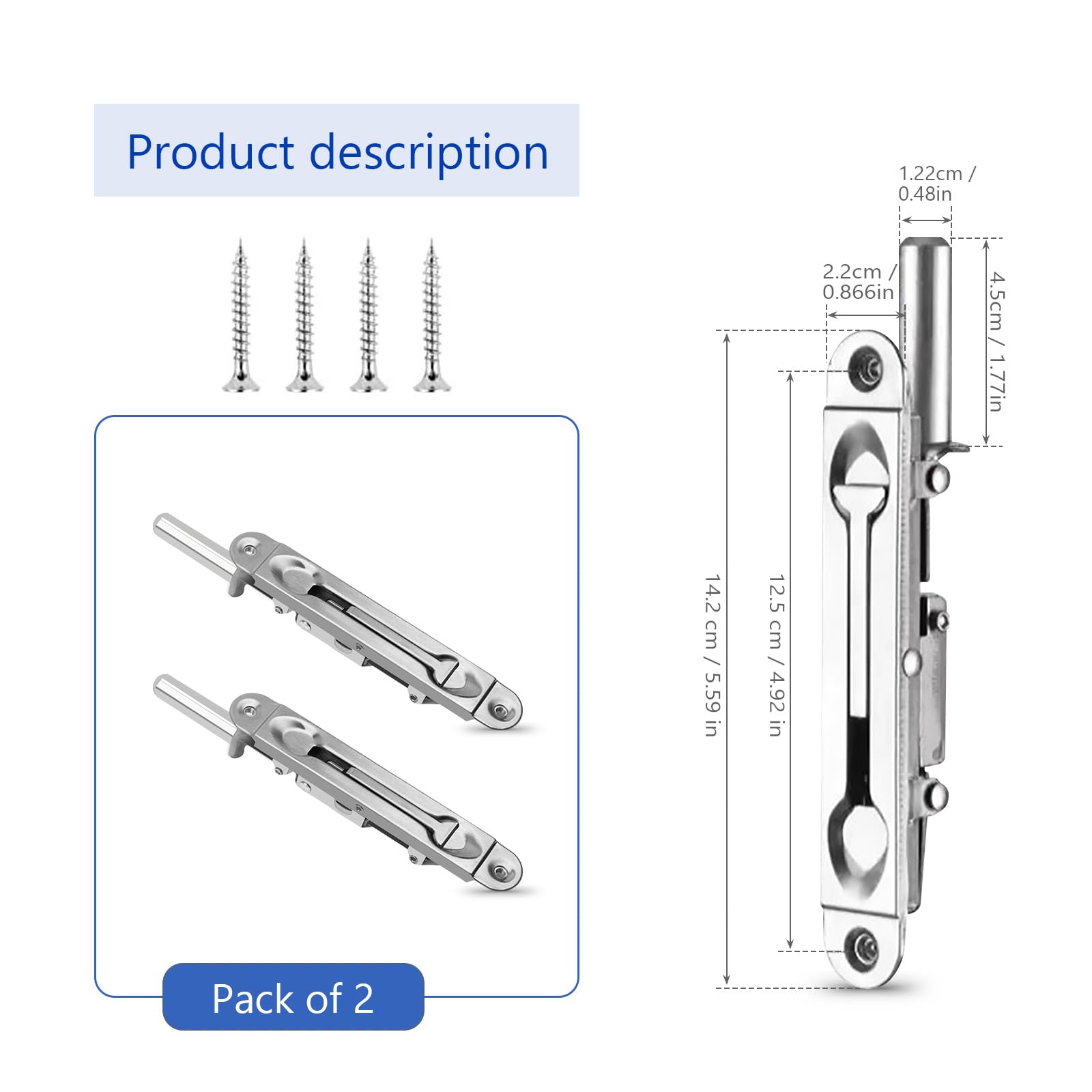 Sliding Door Lock, 2PCS Door Flush Bolt Stainless Steel Door Latches for Internal Door Concealed Door Slide Bolt with Installation Screws for Bathroom Bedroom - Image 2